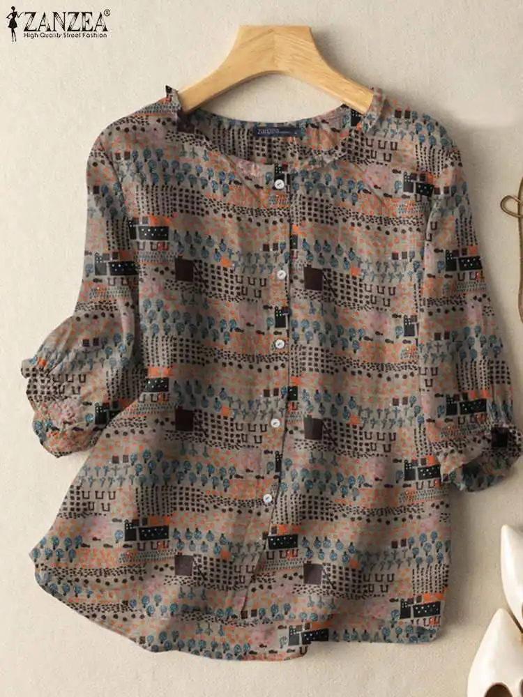 Zanzea Женская Повседневная Блузка С Круглым Вырезом И Рукавами 3/4