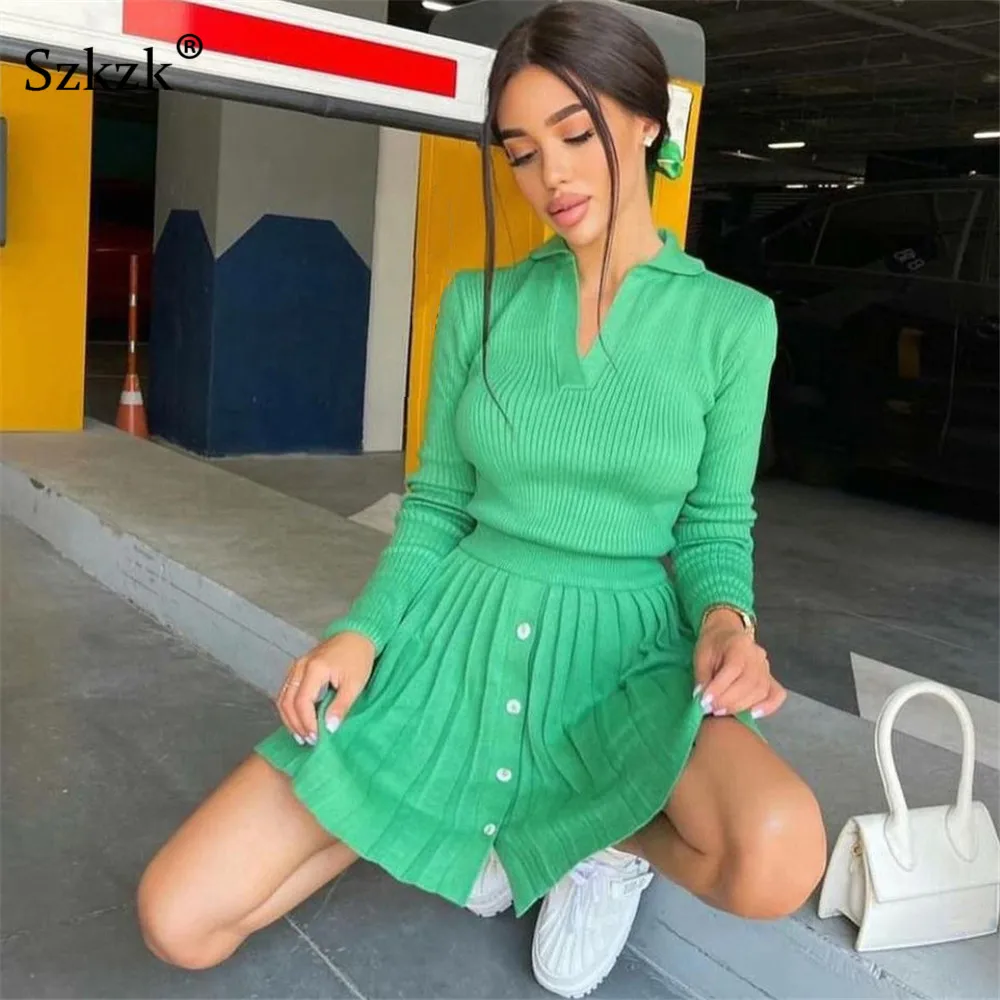 

Szkzk Knit Two Piece Bodycon Sweater Set Jumper Women Tops And Mini Pleated Skirts Long Sleeve Button Up 2pcs Skirt Outfits Sets