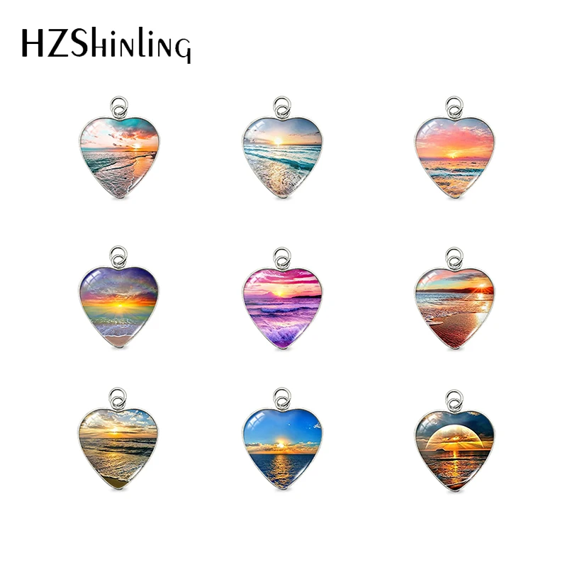 

2023 Newm Arrival Landscape Sea Sunrise Glass Cabochon Heart Pendant Handmade Stainless Steel Charm Pendants