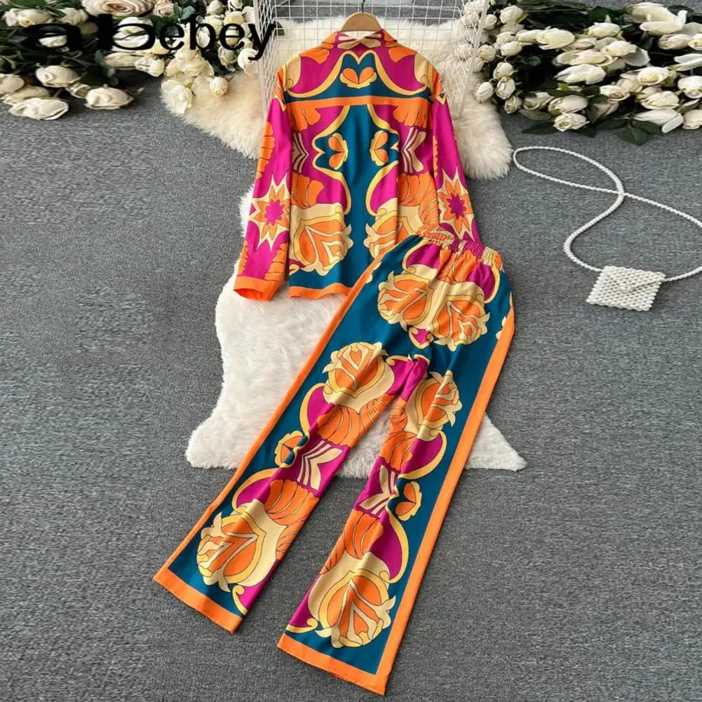 

Women Casual Suit Vibrant Ethnic Style Ladies' Shirt Pants Set with Exaggerated Pockets Wide-leg Design High Elastic for Casual