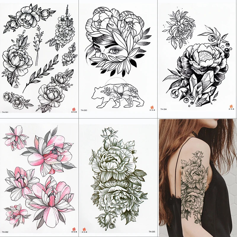 

Black Lotus Rose Temporary Tattoo Sticker Water Transfer Under Breast Shoulder Flower Body Art Sexy Women Waterproof Fake Tatoos