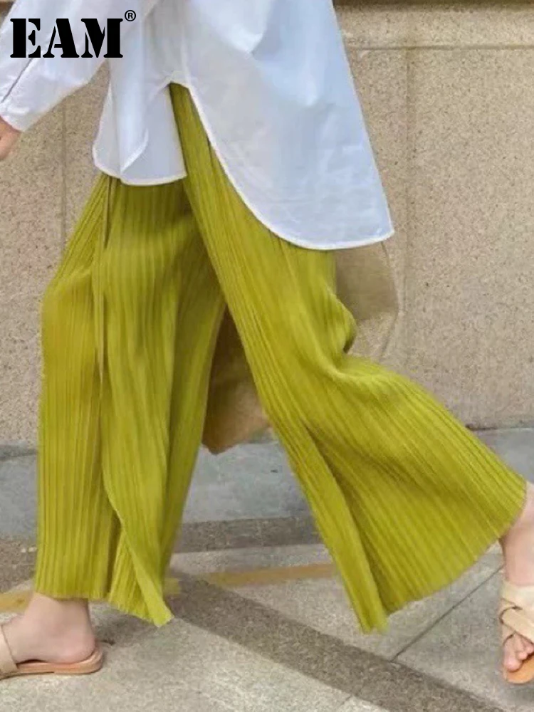 

[EAM] High Elastic Waist Green Brief Pleated Long Wide Leg Trousers New Loose Fit Pants Women Fashion Spring Autumn 2022 1DE8948