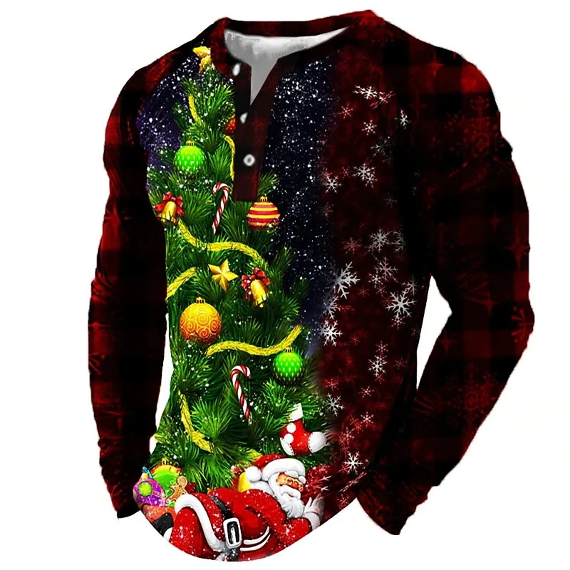 

Men's Henley Shirt Graphic Tree Santa Claus Henley3D Print Daily Sports Long Sleeve Patchwork Button-Down Clothing
