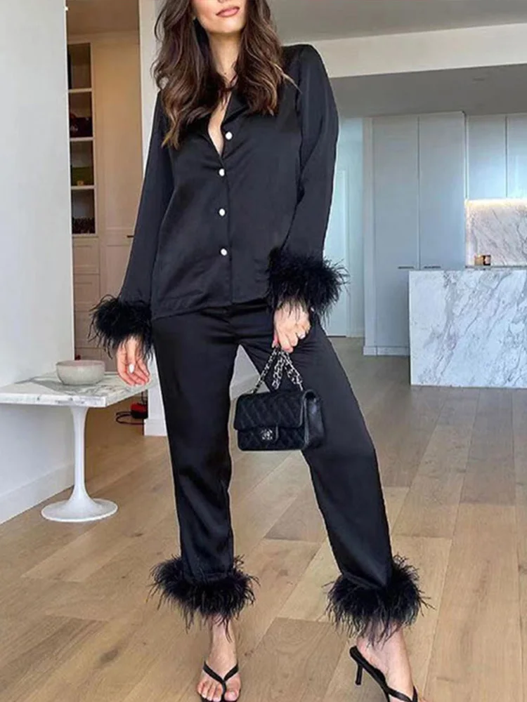 

SMVP Women Feather Stain Single Breasted Blazer Straight Pants Suit Furry Tailored Collar Shirts Trousers Two Piece Set Ladies
