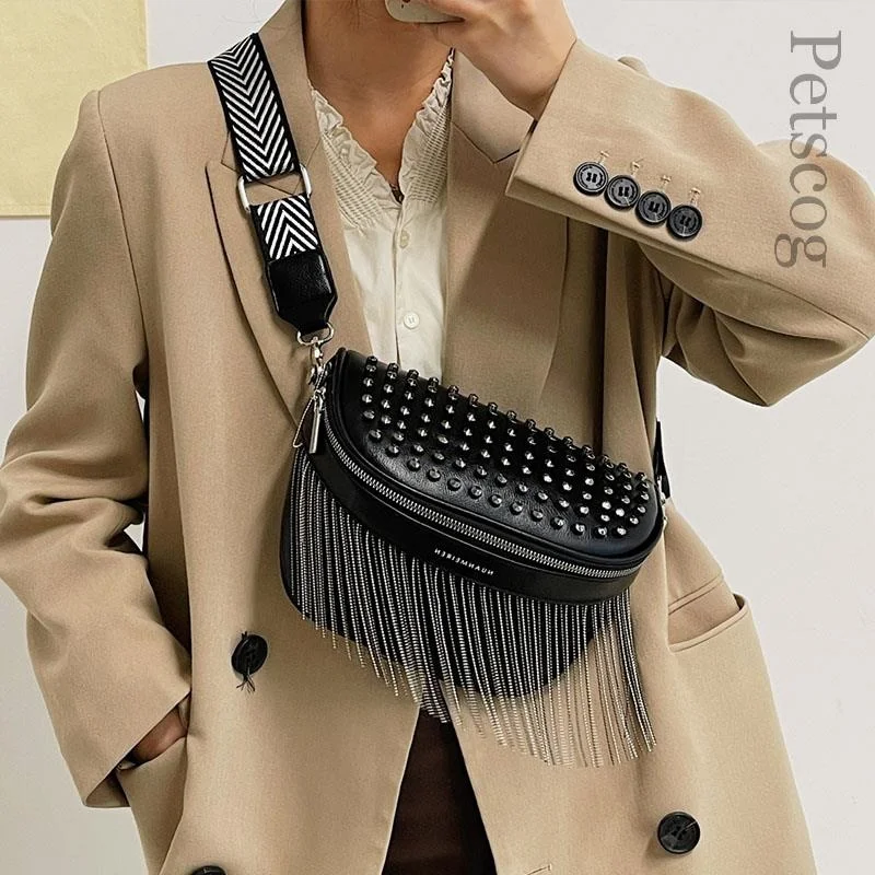 

Роскошная женская нагрудная сумка, модная кожаная вместительная сумочка через плечо с бахромой, Женская поясная сумка, повседневный дизайнерский дорожный чемоданчик с заклепками