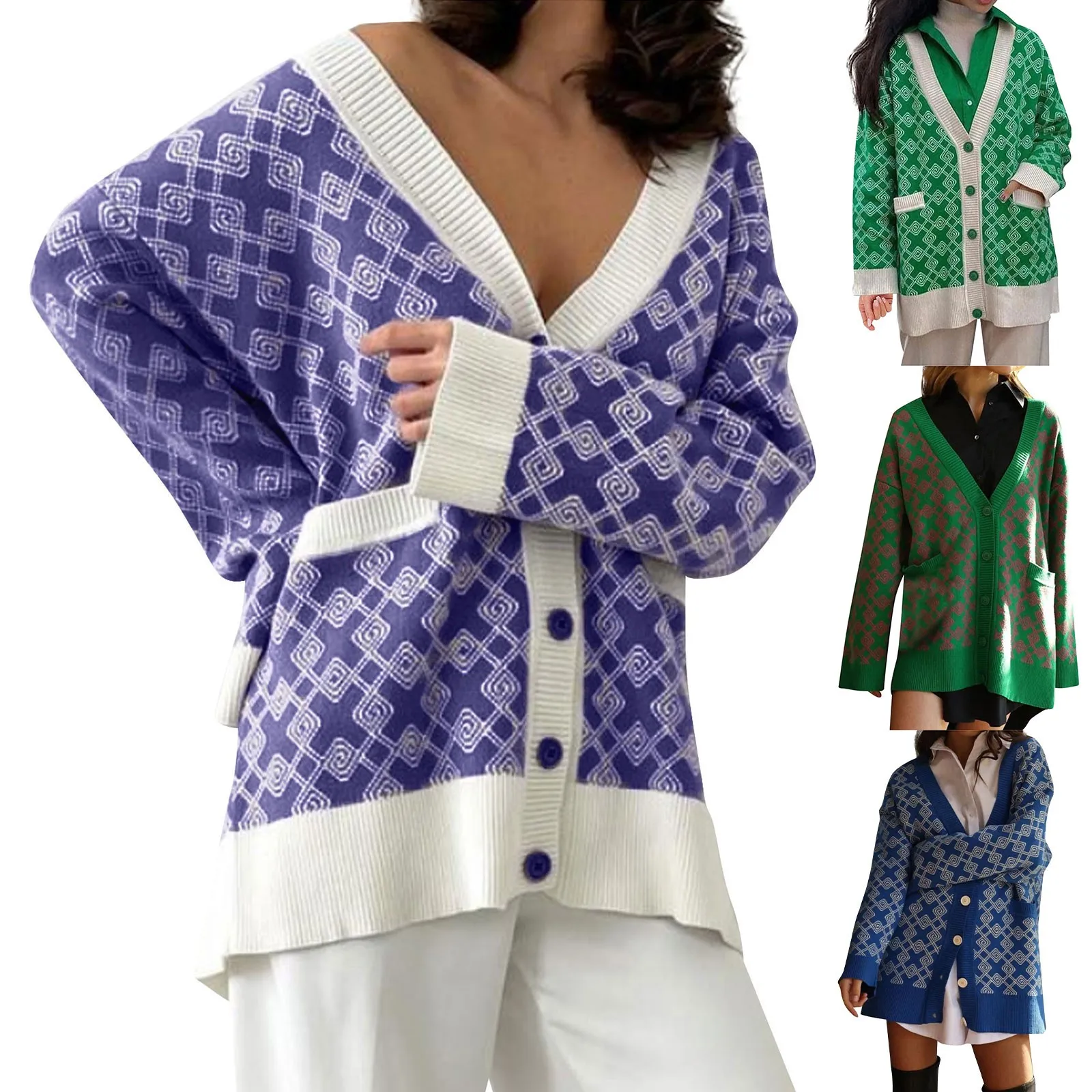 

Women's Pullover Casual Chunky Knit Cardigan V-neck Sweater Outwear Buttoned Slouchy Coat Cover Ups Tops Loose Coat With Pockets