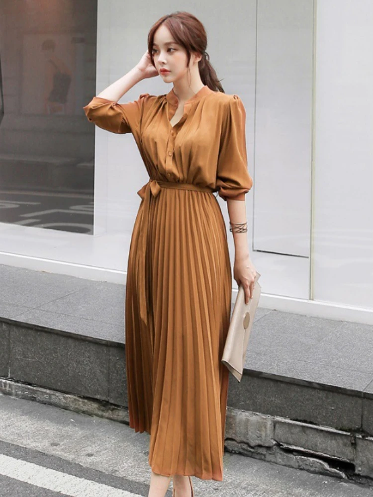 

Korean Fashion 2022 Summer Streetwear Elegant Chiffon Long-sleeved Shirt Dress Female Belt Lace A Word Pleated Maxi Dress