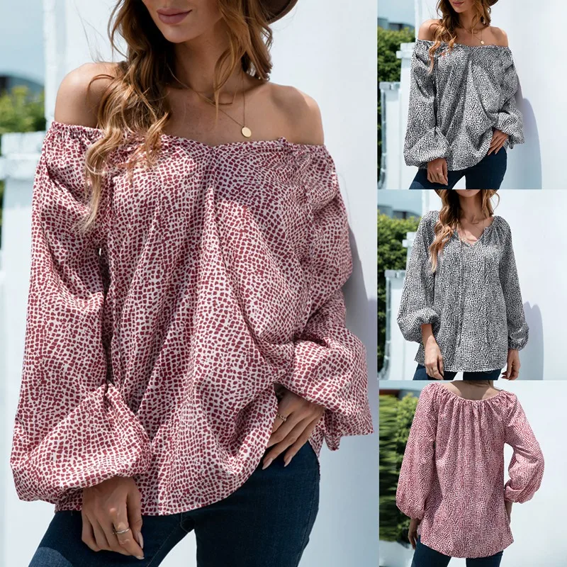 

ASDS-Casual Women's Shirt Chic Top Women Autumn Leopard Chiffon Long Lantern Sleeve Shoulder Strap Loose Shirts