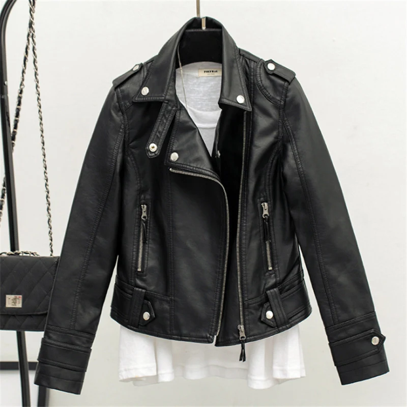 Women Motocycle Autumn gothic Jacket Black Turn-down Collar Female korean Outwear Coat 2022 Slim pu leather jacket short zipper