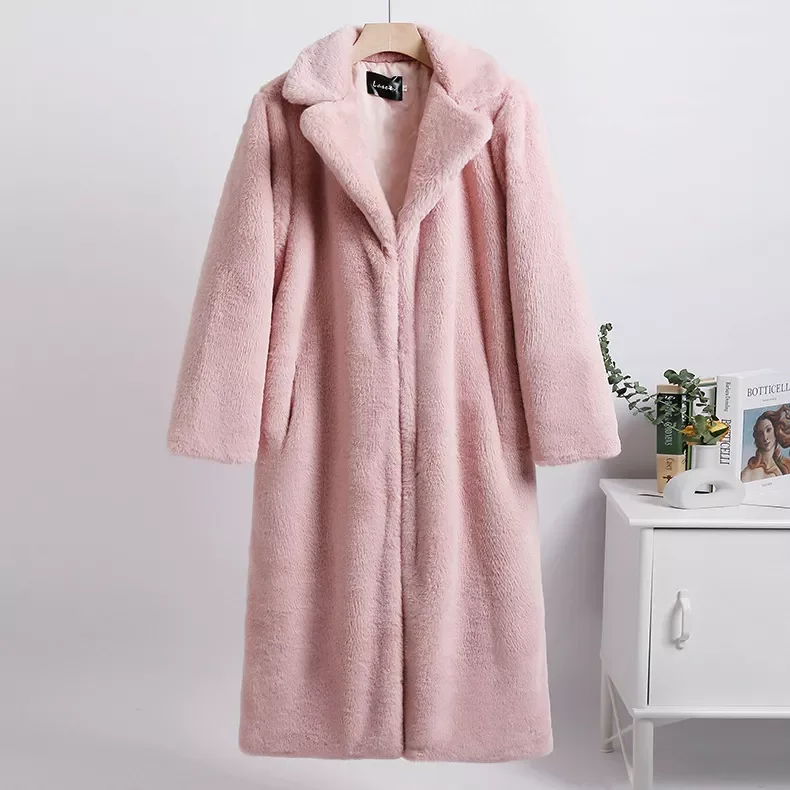 New2022 New Women Winter Warm Faux Fur Coat Color Patch Thick Women Long Coat Turn Down Collar Women Warm Fur Coat Casaco Femini