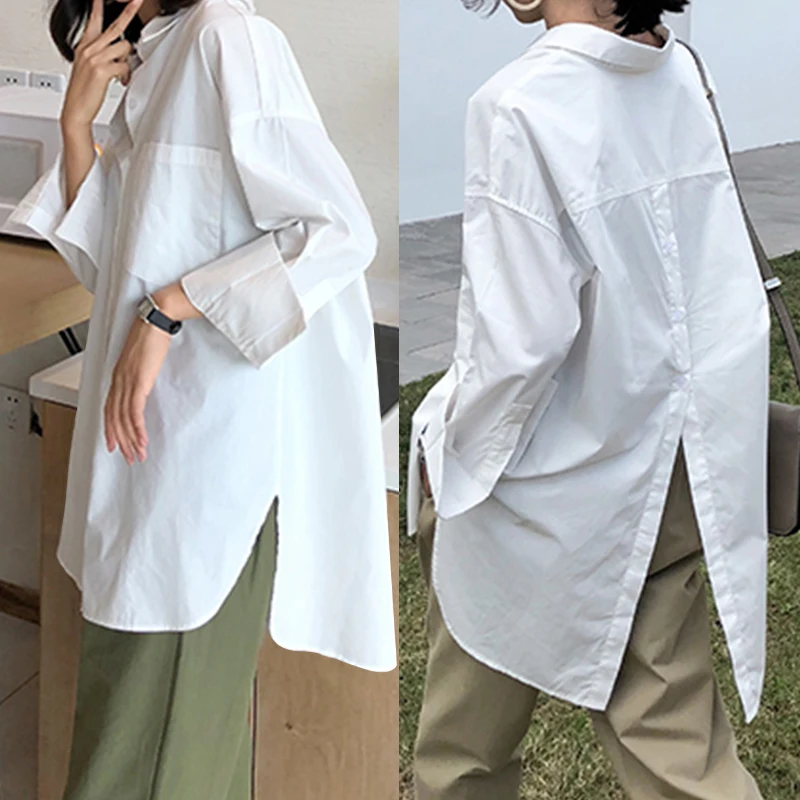 

Vintage Casual Long Sleeve Lapel Tunic Tops Solid Loose Shirts Celmia 2021 Autumn Pleated Irregular Split Hem Chic Blusas Femme