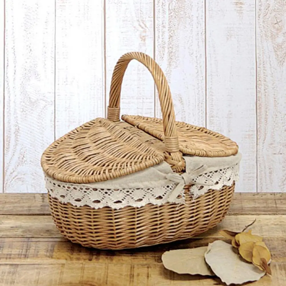 

Vintage Picnic Basket Woven Wicker Willow Camping Handle Shopping Food Fruit