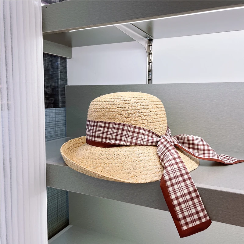 

Wide Brim Summer Hat for Women Flat Top Plaid Webbing Straw Hat Sun Hat Beach Hat Sun Protection Jazz Hat Kentucky Derby Hat
