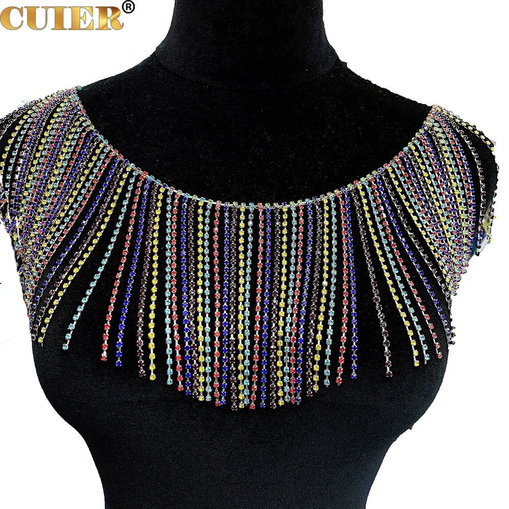 

CUIER 12cm Width Dense Fringe Rhinestone Trim Color Crystal Tassel Chain Belly Dance Costume Decoration Accessories