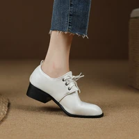 round toe chunky heel classic retro professional leather shoes breathable shallow mouth lace up womens shoes