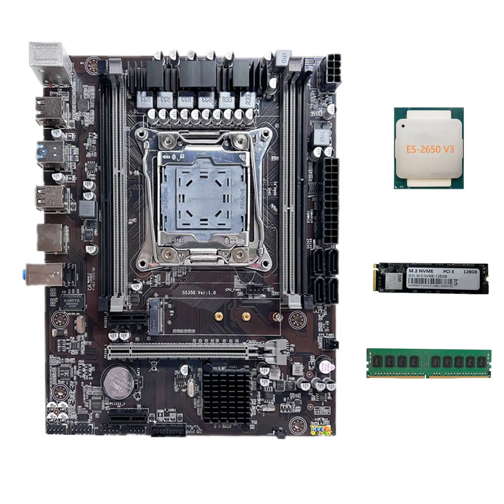 

X99 Motherboard LGA2011-3 Computer Motherboard with E5 2650 V3 CPU+M.2 NVME SSD 128G+DDR4 4GB 2133Mhz RAM Memory