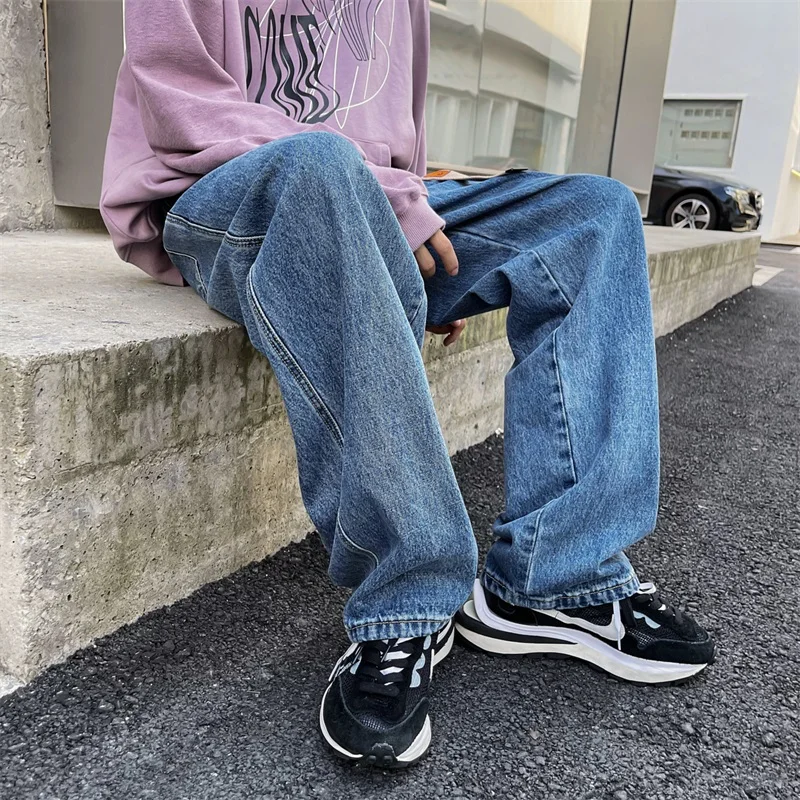 Classic Solid Wide Leg Jeans Mens Korean Fashion Trends Vintage Streetwear Bottoms Teens Baggy Straight Denim Pants Male Clothes