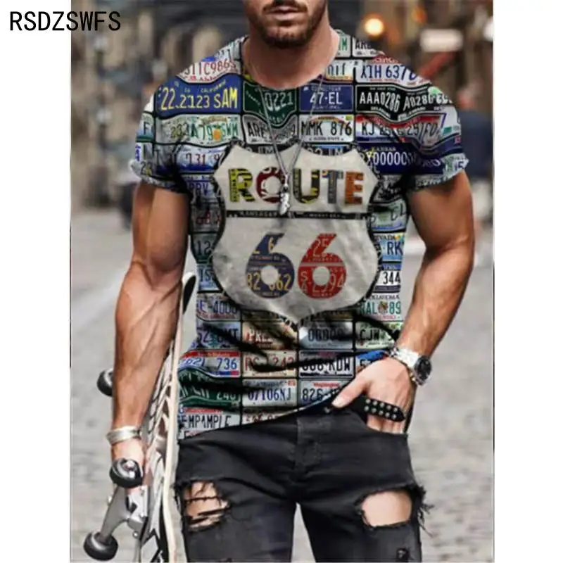 Summer Men's T-Shirt Street Fashion U.S. Highway 66 Personalized Printing Clothes；Large Size Men’s Top Loose Pullover |