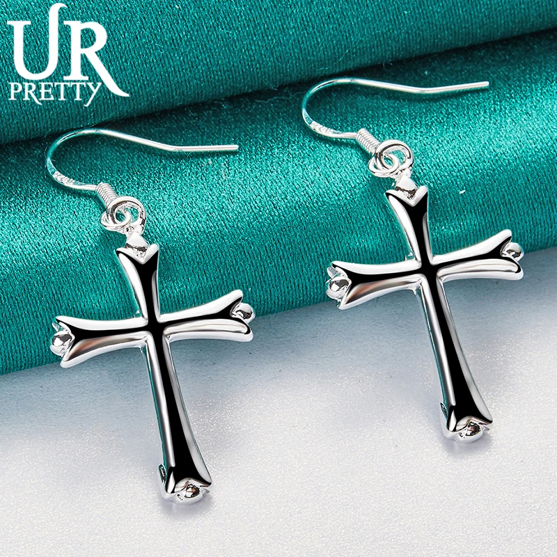 

URPRETTY 925 Sterling Silver Cross Drop Earring For Women Fashion Wedding Engagement Party Charm Jewelry