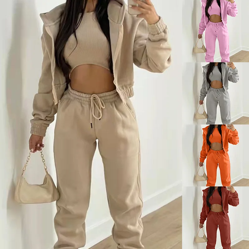 

New Women's Plush Sweater Hooded Sports Fashion Casual Set Autumn and Winter 2022