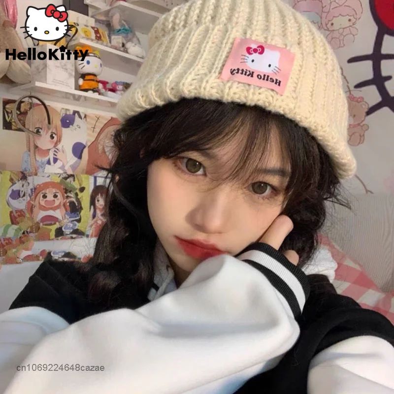 Sanrio Hello Kitty Original Homemade Cute Soft Girl Knitted Wool Hat Y2k Student Spring Autumn Warm Baotou Hat Sweet Cap Women