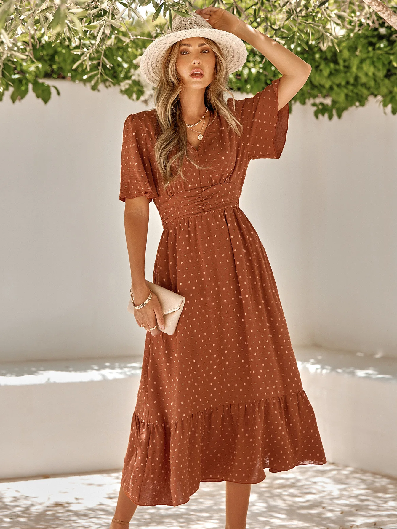 

Swiss Dot Midi Dress Women 2023 New Spring Summer Short Sleeve Wrap Up Casual Dress Elegant V Neck X-shaped High Waist Dress