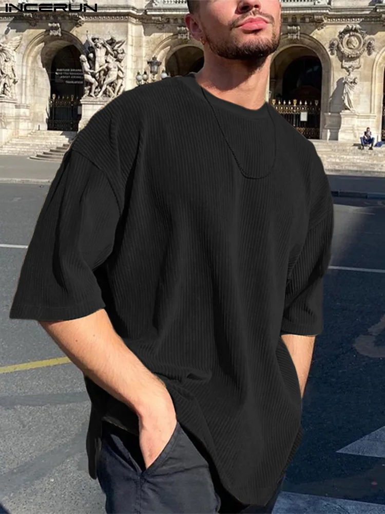 

Casual Hot Sale Men's Solid Camiseta Pit Texture Loose Comfortable Corduroy Half-sleeve Round neck Tees S-3XL INCERUN Tops 2022