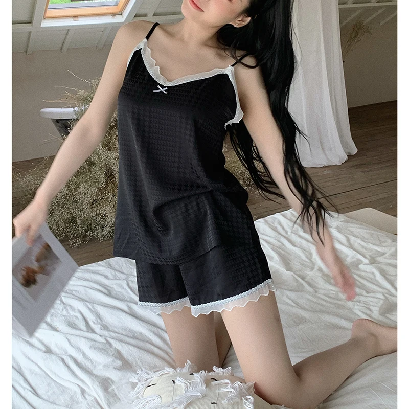 

Satin Houndstooth Ensemble Femme 2 pièces Sweet Sleepwear Set Girls Sexy Shorts Pijama Mujer Summer New Shorts Home Loungewear
