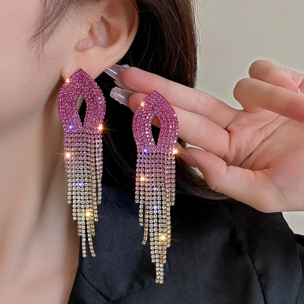 

Luxury Sliver Needle Coloful Gradient Crystal Long Tassel Earrings Women Trendy Exaggerated Earrings Kpop Chic Party Jewelry