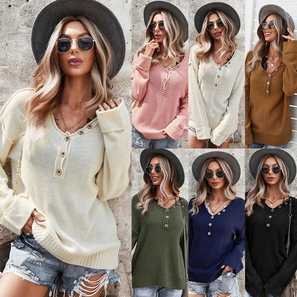 

Autumn/Winter Long sleeved Sweater Solid V-neck Single breasted Top Style