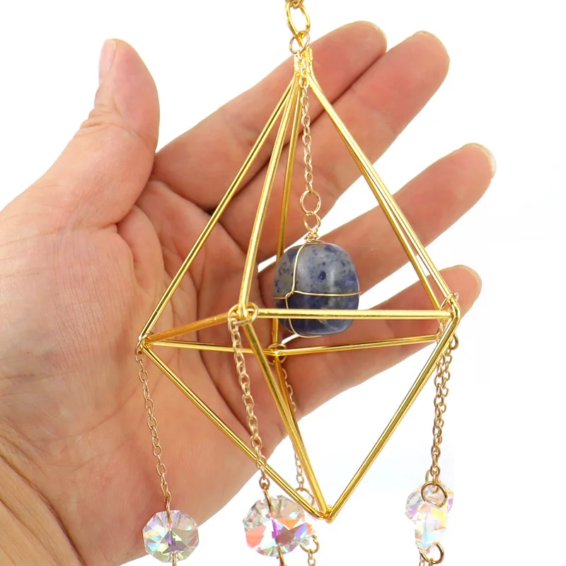 sun Catcher Crystal Lamp Stand Hanging Window Garden Decoration Handmade Copper Wire Wrap Natural Gravel Heart Shaped Ornament