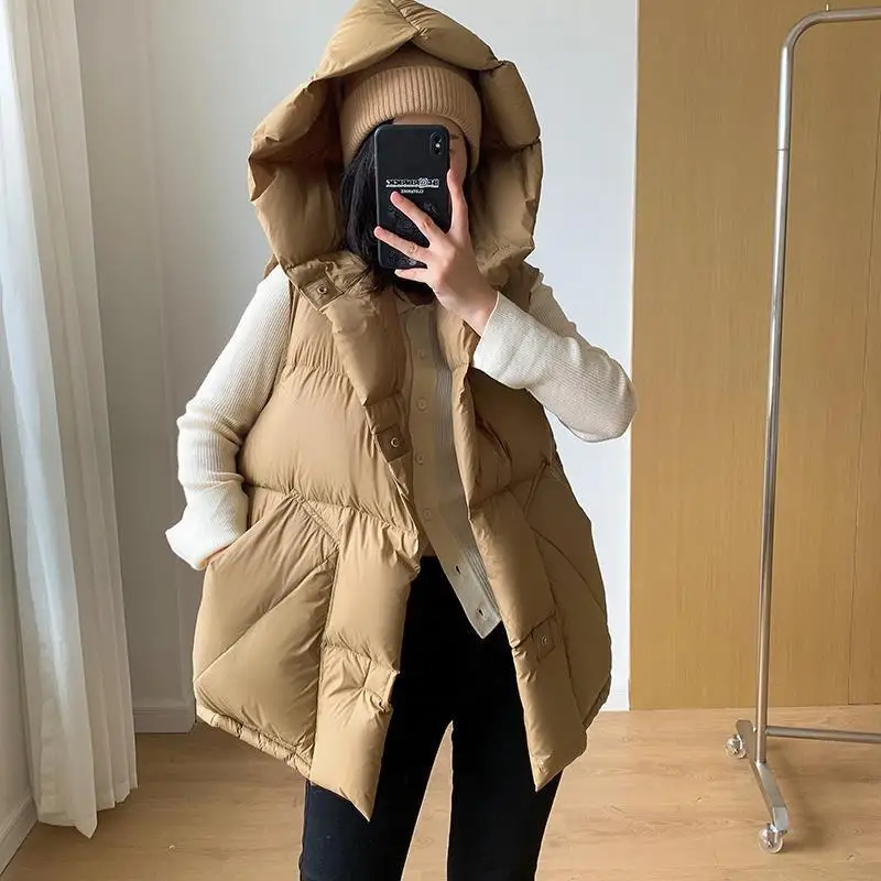 Winter New Vest Down Coat Women Short Thickened Loose Hooded White Duck Down for Women