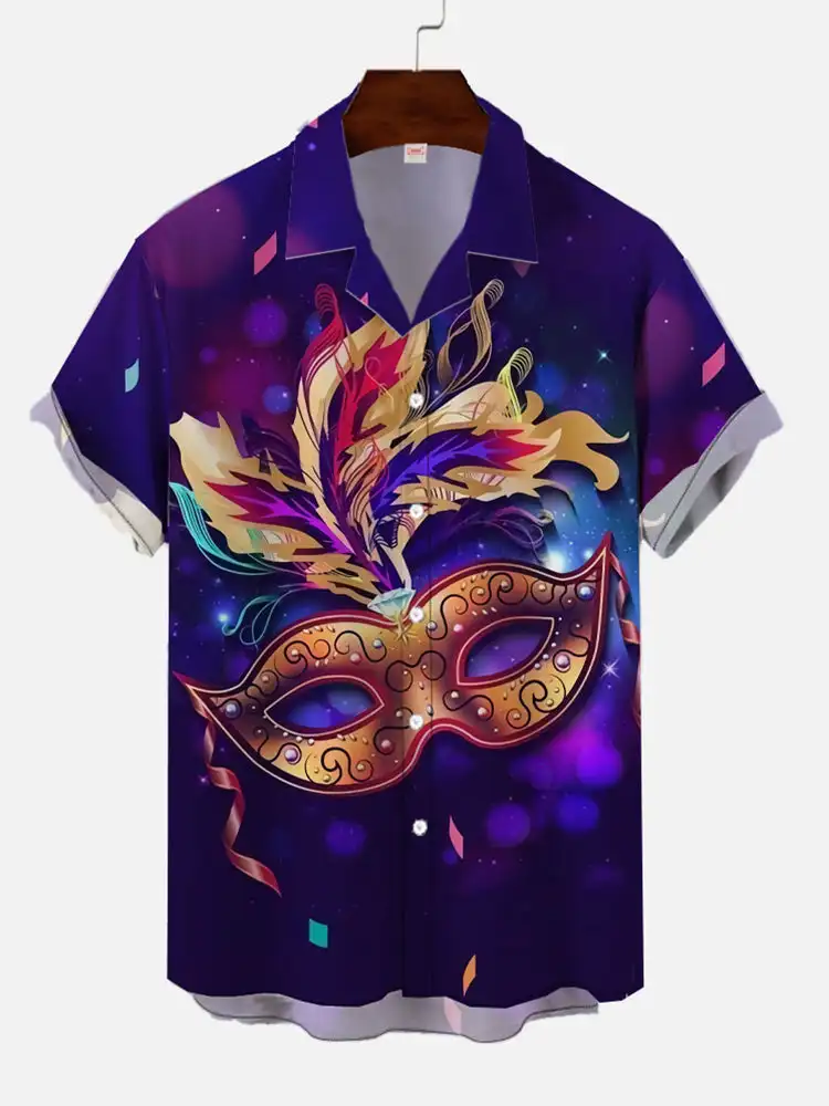 

Men's banquet mask printed shirts retro elements casual shirt Hawaii beach holiday shirts Men's fashionable short sleeved shirts