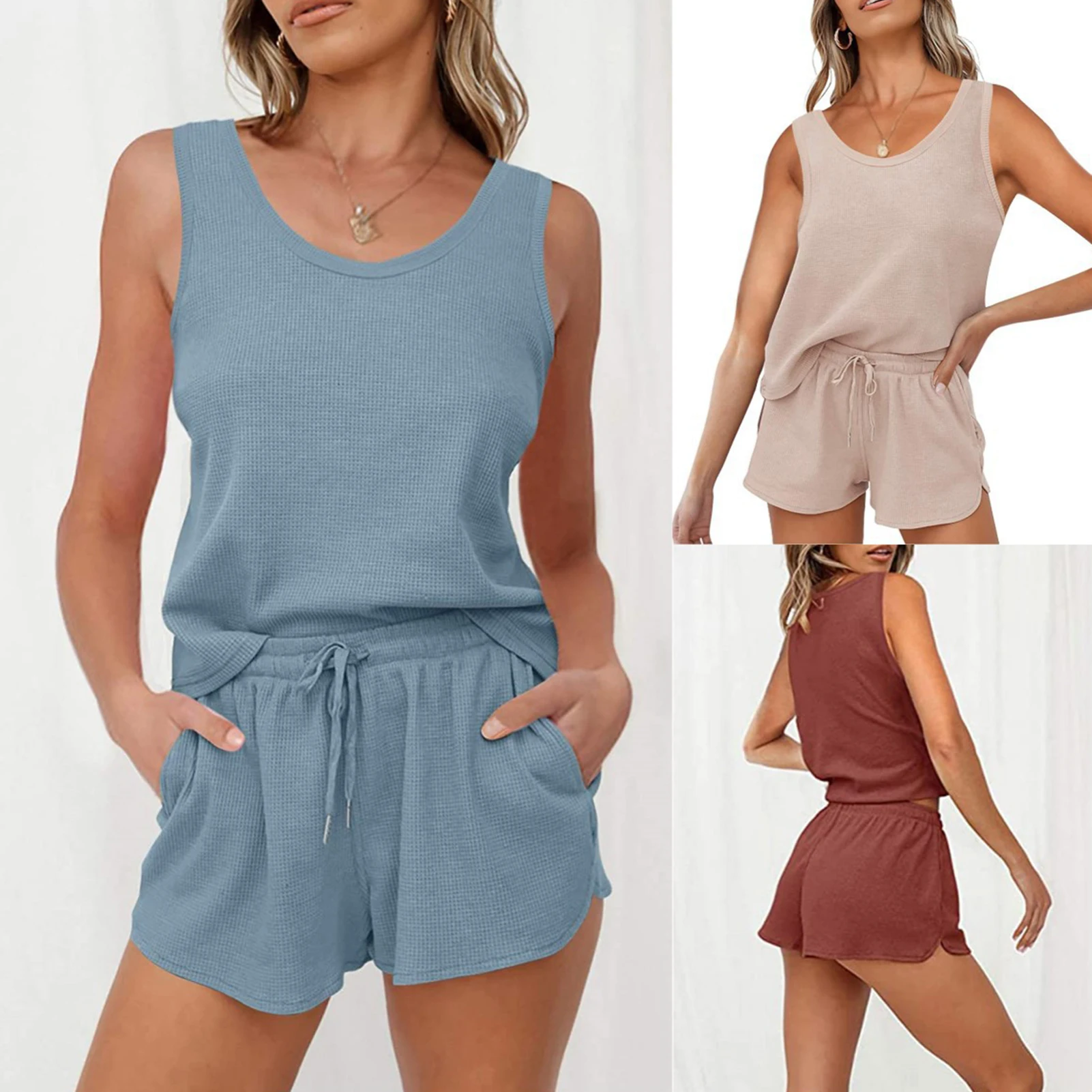 

Women Summer Waffle Knit Pajama Set Sleeveless Tank Top Shorts Loungewear Sweatsuit Outfits with Pockets Women Conjuntos Cortos