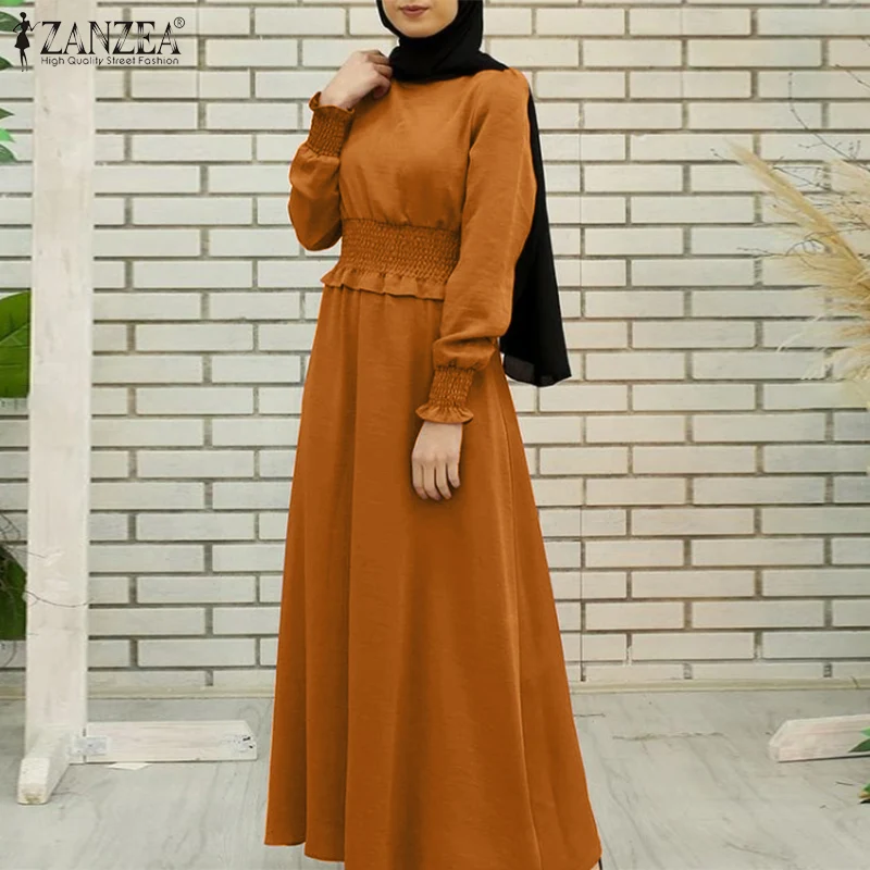 

2022 Fashion Solid Party Dress ZANZEA Elegant Muslim Long Sleeve Smocking Dubai Turkey Abaya Women Casual Holiday Jilbab Caftan