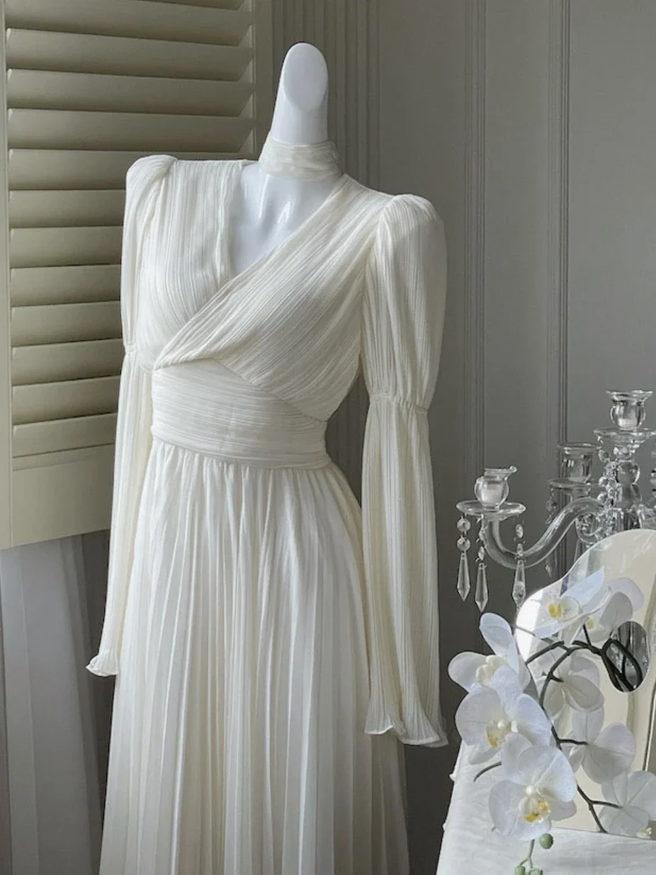 Женское шифоновое платье с V-образным вырезом элегантное белое длинное винтажное