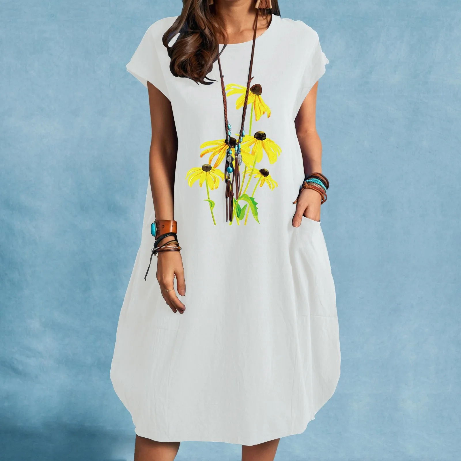 

Women Daisy Printed Loose Short Sleeve Dress Summer Round Neck Dresses With Pocket Cotton Linen Knee Length Midi Sundress