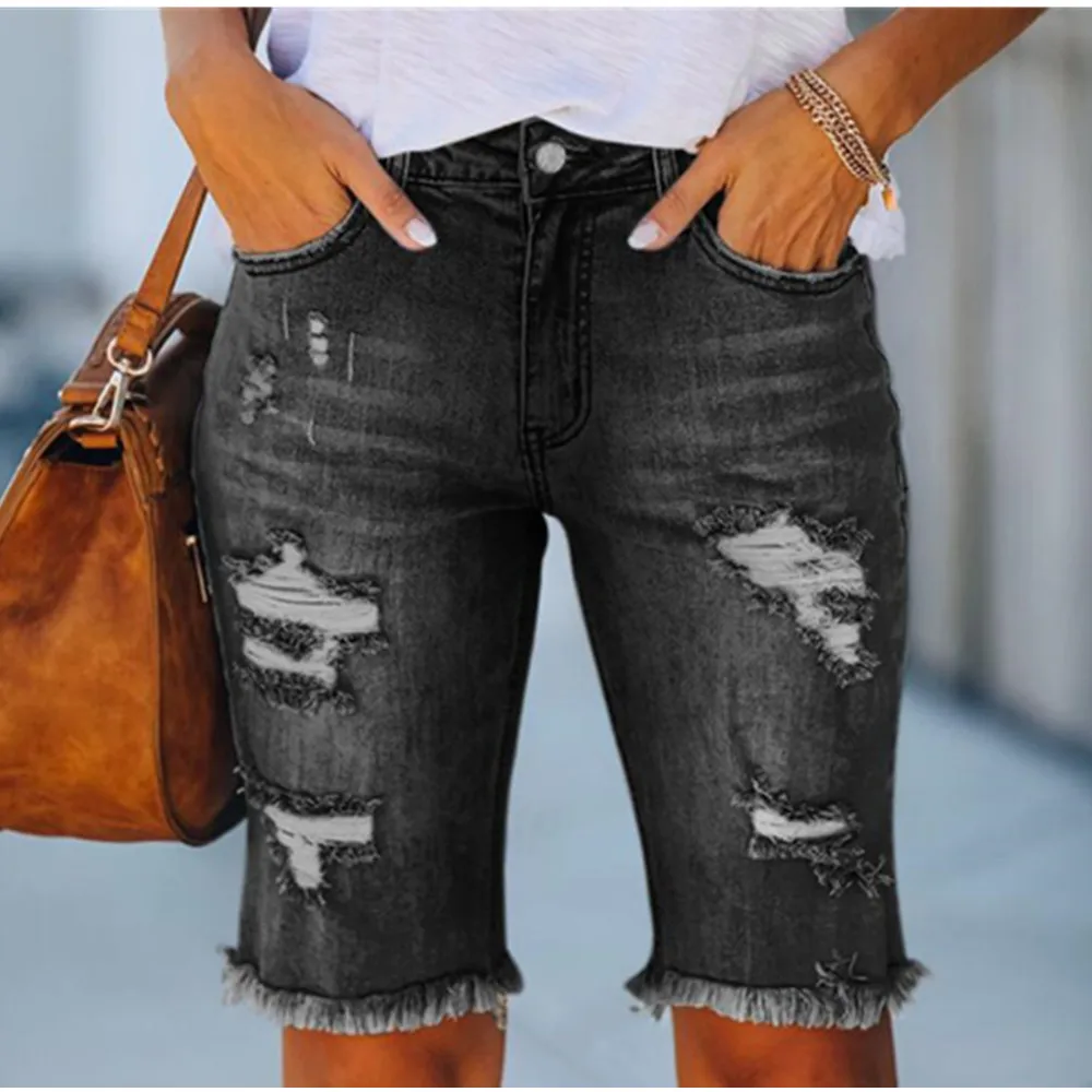 

Black Long Jeans Shorts Women 2023 Summer High Waist Knee Length Denim Shorts Ripped Bermuda Short Feminina Jeans Pants