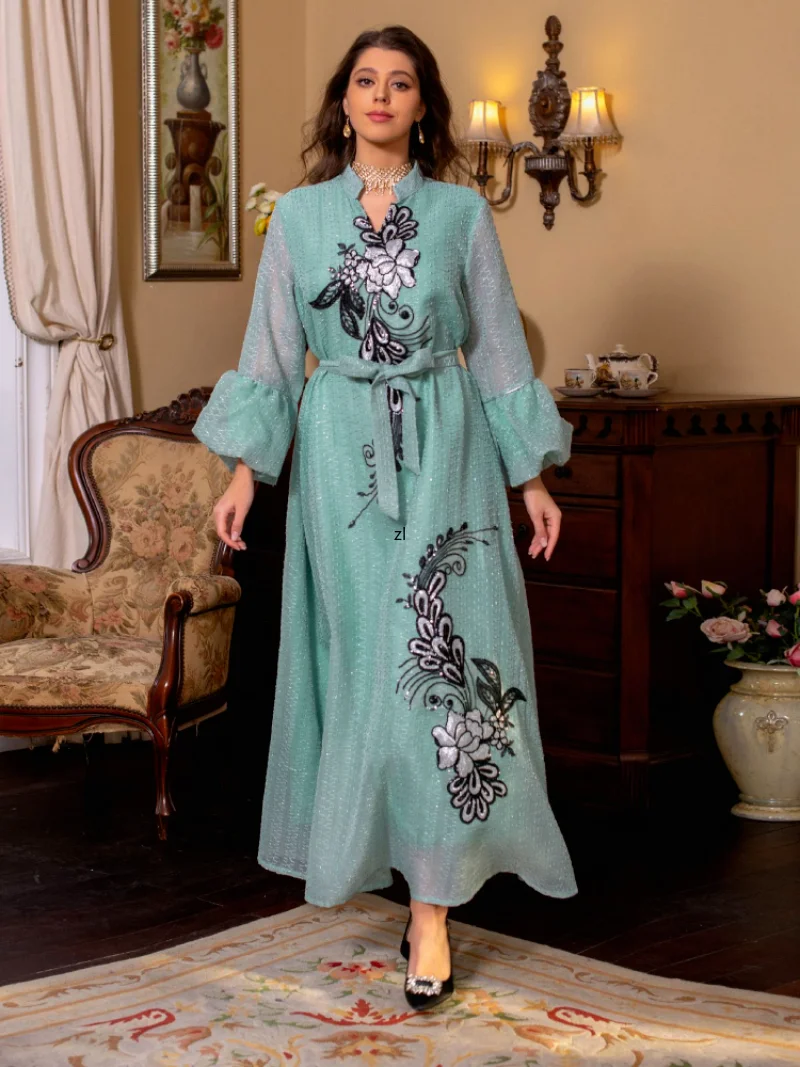 Eid Muslim Women Abaya Morocco Party Dress Elegant Lace-up Prayer Abayas Long Sleeve Robe Dress Ramadan Musulman Maxi Vestidos