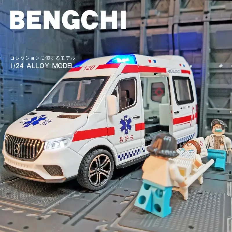 

1: 24 Benzs Police and Ambulance Car Model Die Cast Metal Simulation Children's Acousto-optic Toy Car With Building Block Doll