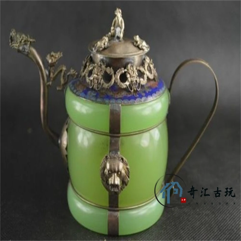 

Изысканный китайский ручной работы, имитация старого зеленого нефрита, инкрустация тибетским серебряным чайник с драконом