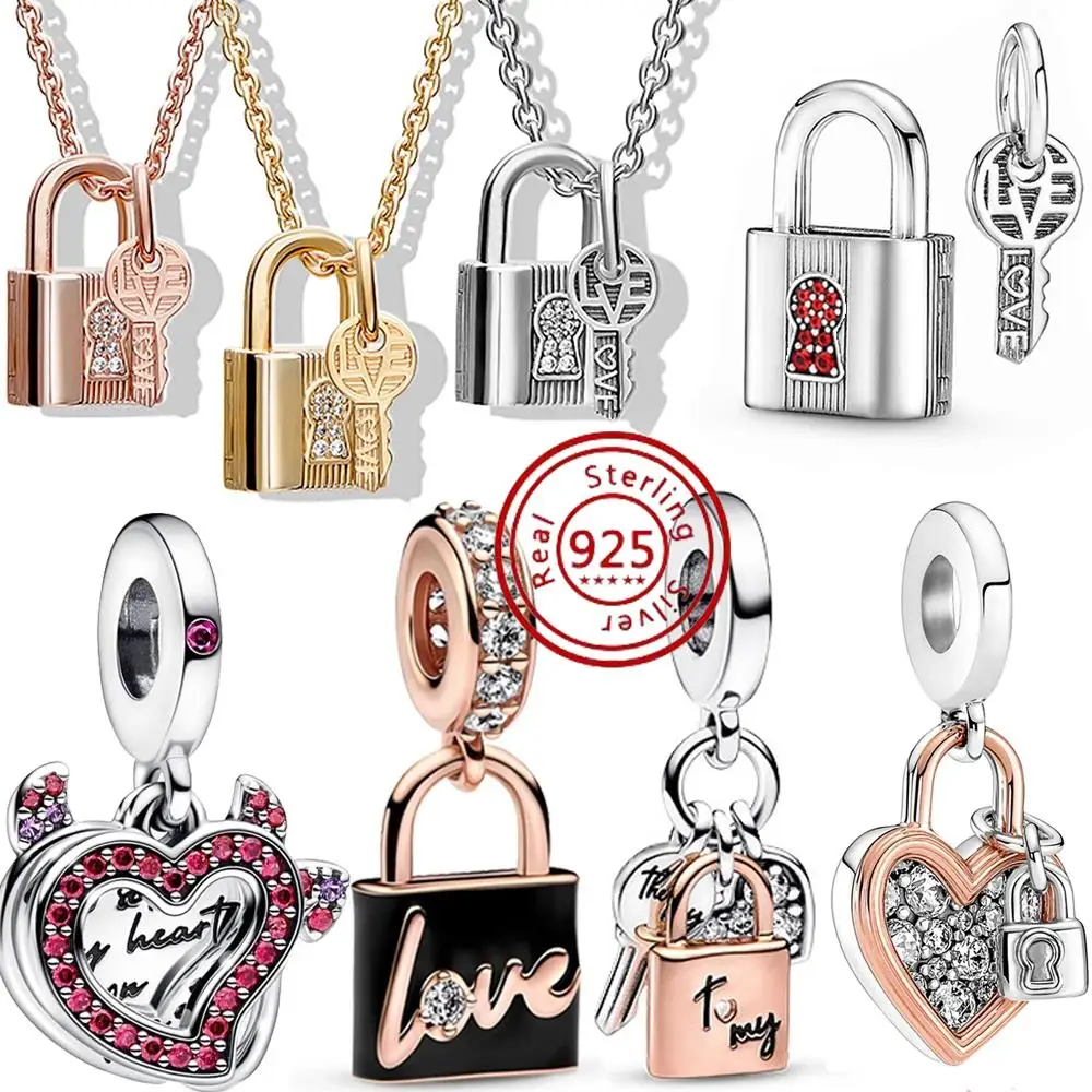 

2023 New Padlock Key Charm Love Demonic Heart Dangle Fit Pandora 925 Original Bracelet Necklace 925 Sterling Silver Girl Jewelry
