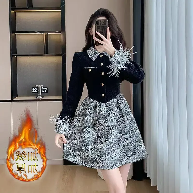 Элегантное милое женское твидовое однобортное утягивающее платье 2024 модная