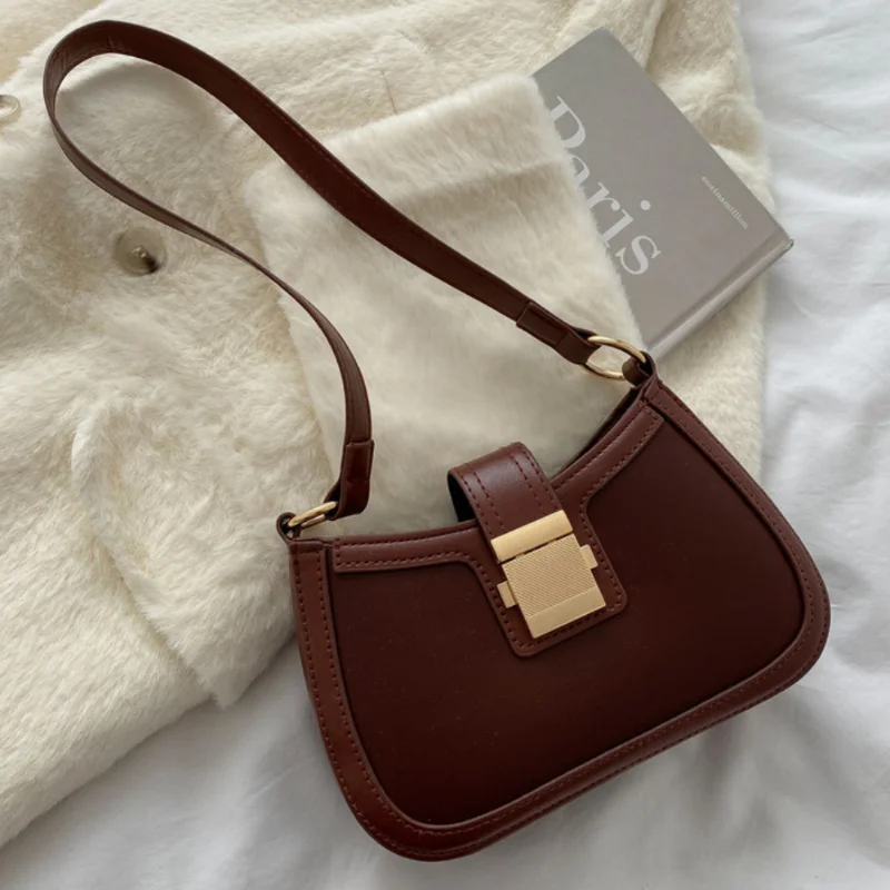 Retro Fashion Ladies Underarm Shoulder Bag Solid Color PU Leather Handbag Female Simple Female Chain Wallet Ladies Handbag