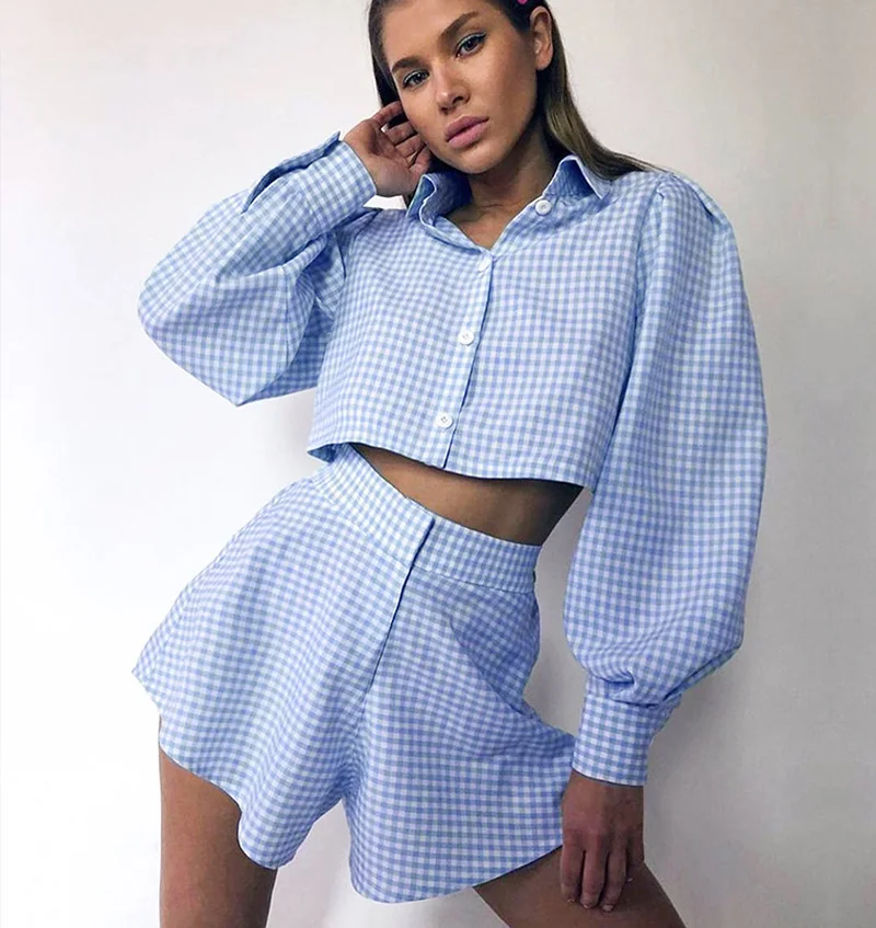 

Summer Sets Womens Outfit Long Sleeve Shirt Shorts Two Piece Set High Waist Shorts Sets Cotton Crop Top Short Sets for WomenSuit
