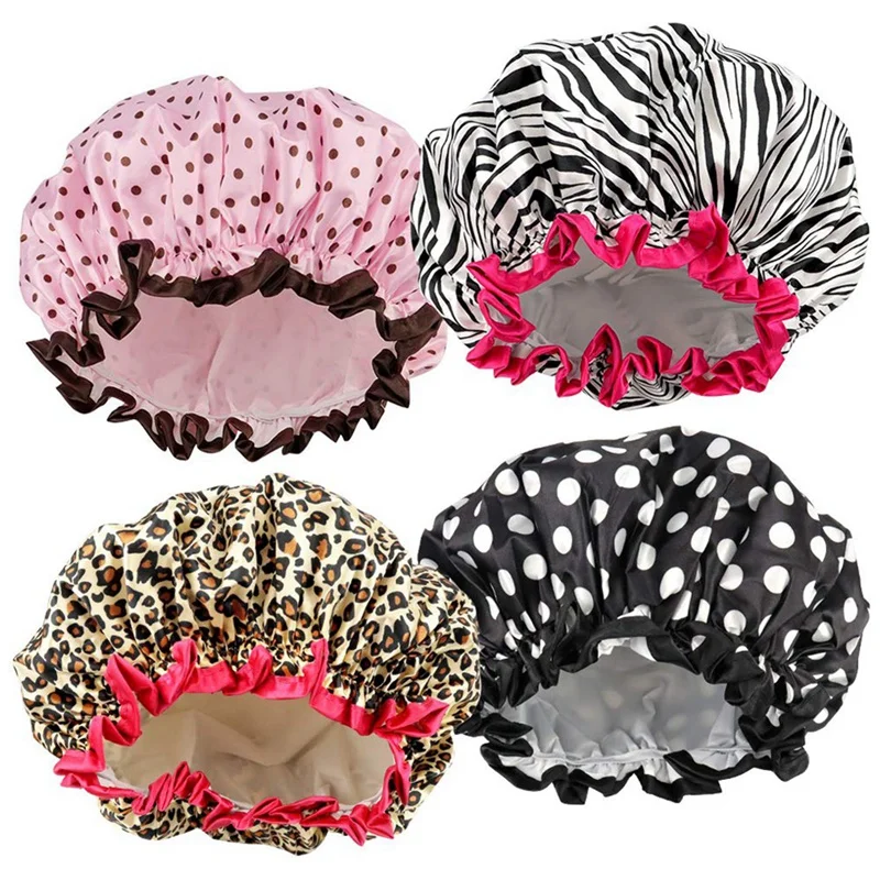 

4Pcs Double-Layer Waterproof Shower Cap, Ladies Shower Cap, Elastic And Reusable Shower Cap
