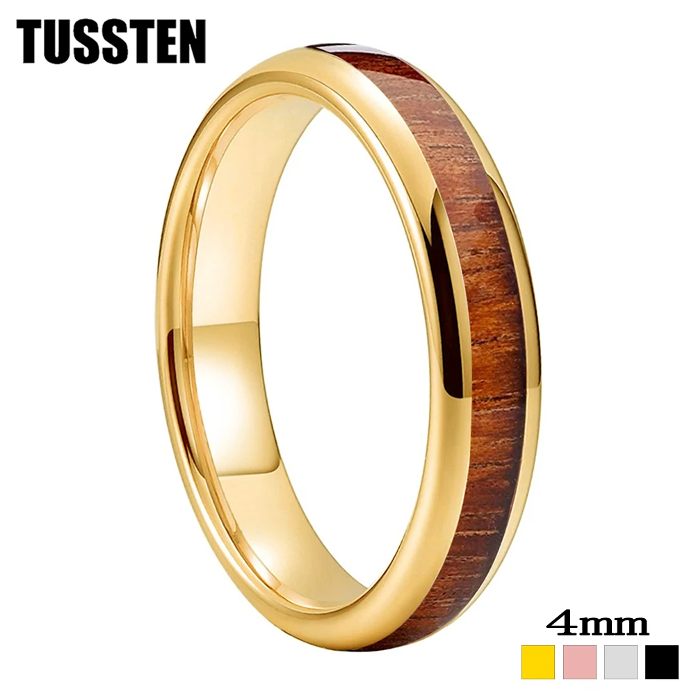 

TUSSTEN 4MM Tungsten Carbide Ring for Men Women Engagement Wedding Band Koa Wood Inlay Trendy Jewelry Comfort Fit Free Shipping