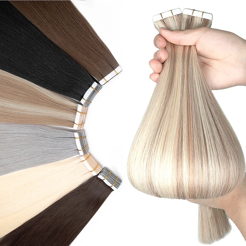 

JENSFN Tape In Hair Extensions Human Hair 100% Remy Natural 16"-26"Inch 613 Straight Seamless PU Skin Weft Tape Ins for Salon