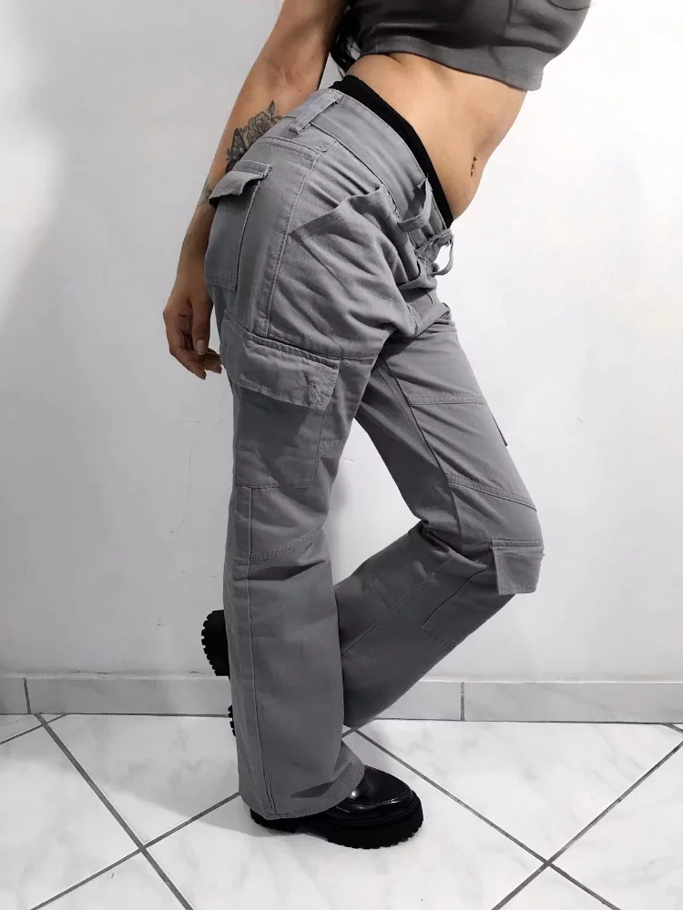 

Hot jeans,2023 Gray Casual Stitched Pocket Cargo Pants Women Low Waist Vintage Streetwear Jeans Korean Fashion Straight Denim Tr