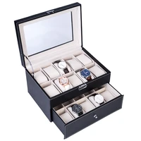 large double layer watch box organizer 20 slots leather black drawer watch boxes storage organizer box display free shipping